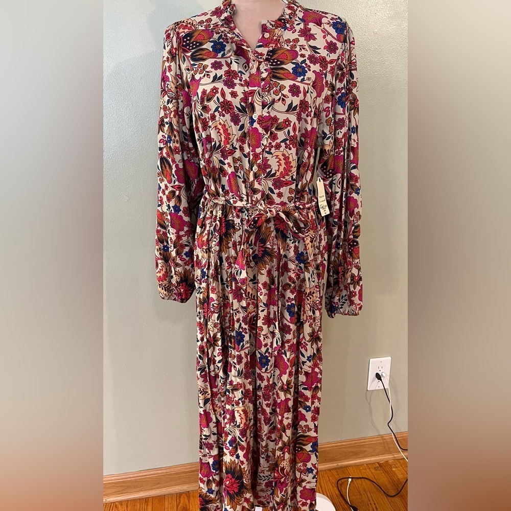 St Johns Bay Womens Floral Boho Long Sleeve Belted Front  Maxi Dress L  NWT